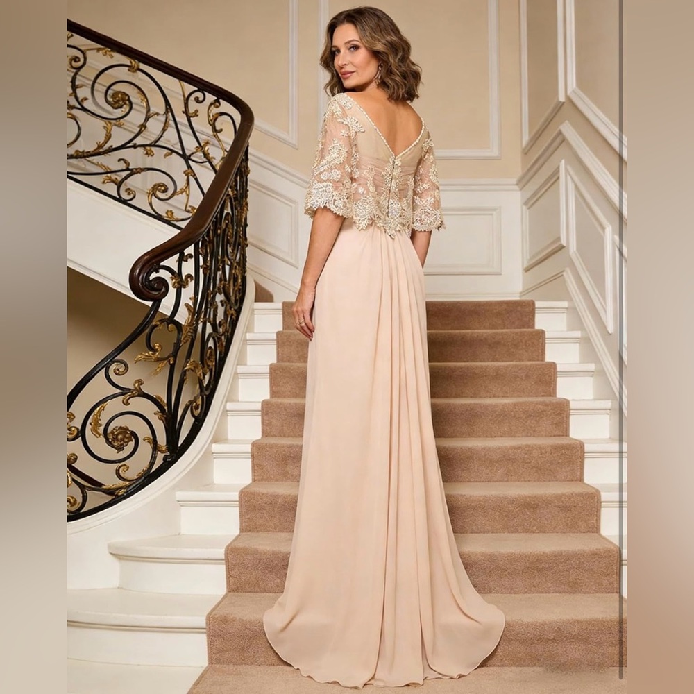 JAEDEN Lace Long Chiffon Wedding Off the Shoulder Dress/Gown in Dusty Rose - Picture 3 of 14